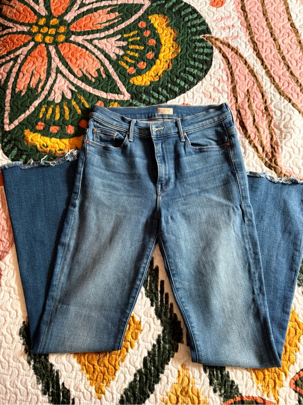 MOTHER Classic Mid-Blue Flare Jeans with Raw Hem Quiet Luxury - Picture 2 of 7
